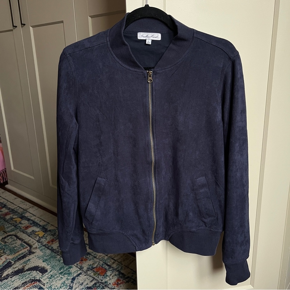 Another Love Navy Blue Faux Microsuede Full Zip Bomber Jacket large